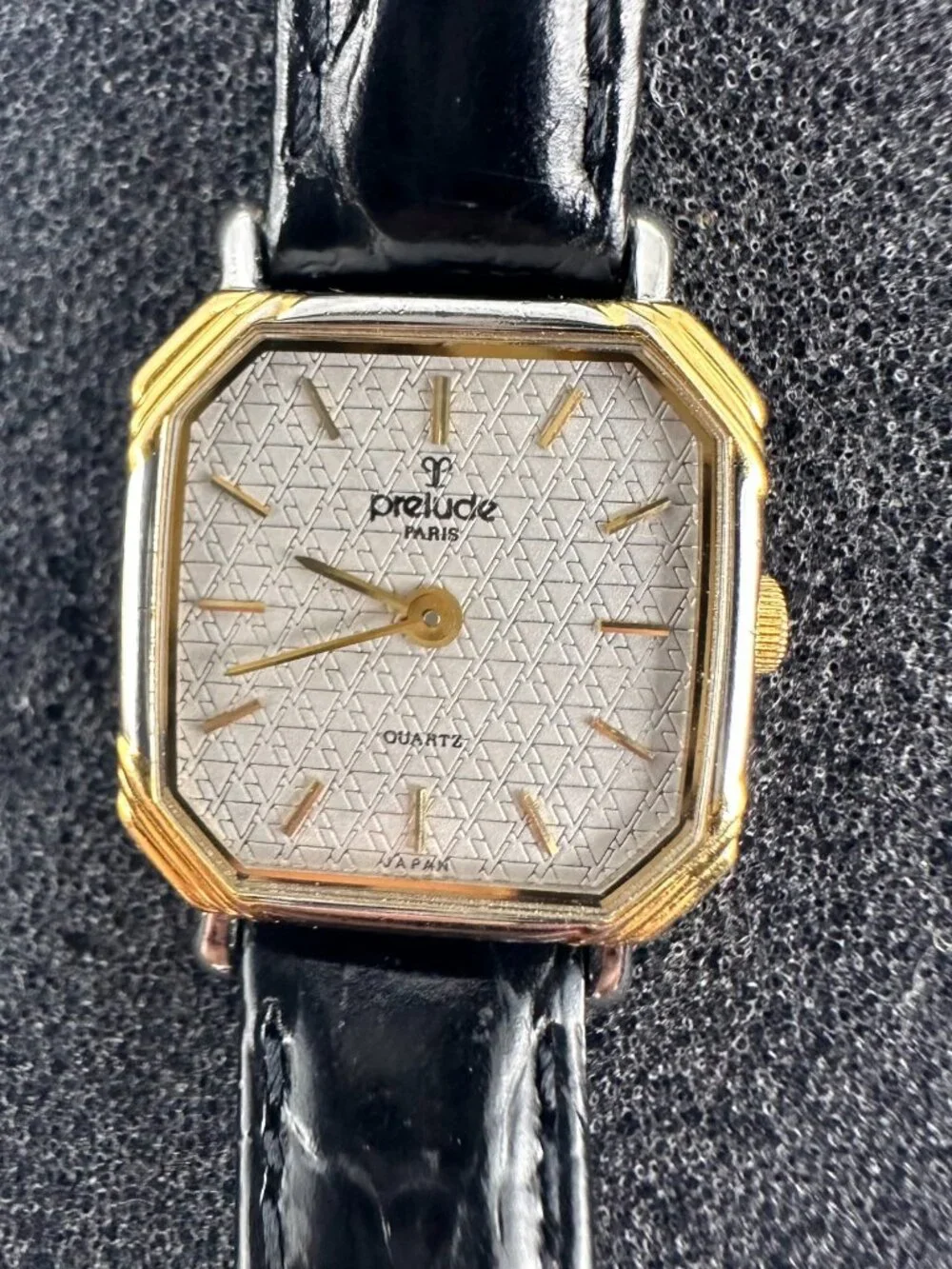 Vintage Prelude Watch Women Gold Tone Square Dial Black Leather Band New Battery